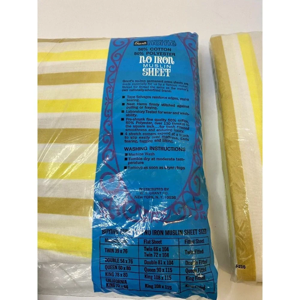 Grants No Iron Muslin Yellow Striped‎ Double Fitted Sheet & Standard Pillowcases